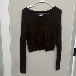 american eagle brown cropped button down sweater